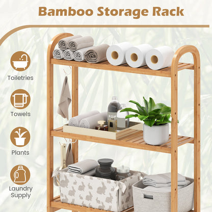 3-Tier Bamboo Bathroom Floor Organizer with 5-Position Shelves and 3 Hooks-Natural