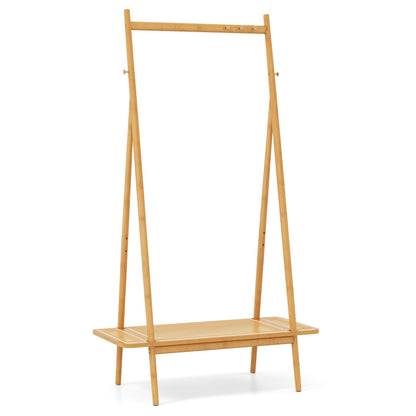 Bamboo Clothes Rack with Hanging Rod Rattan Shelf and Copper Hooks-Brown