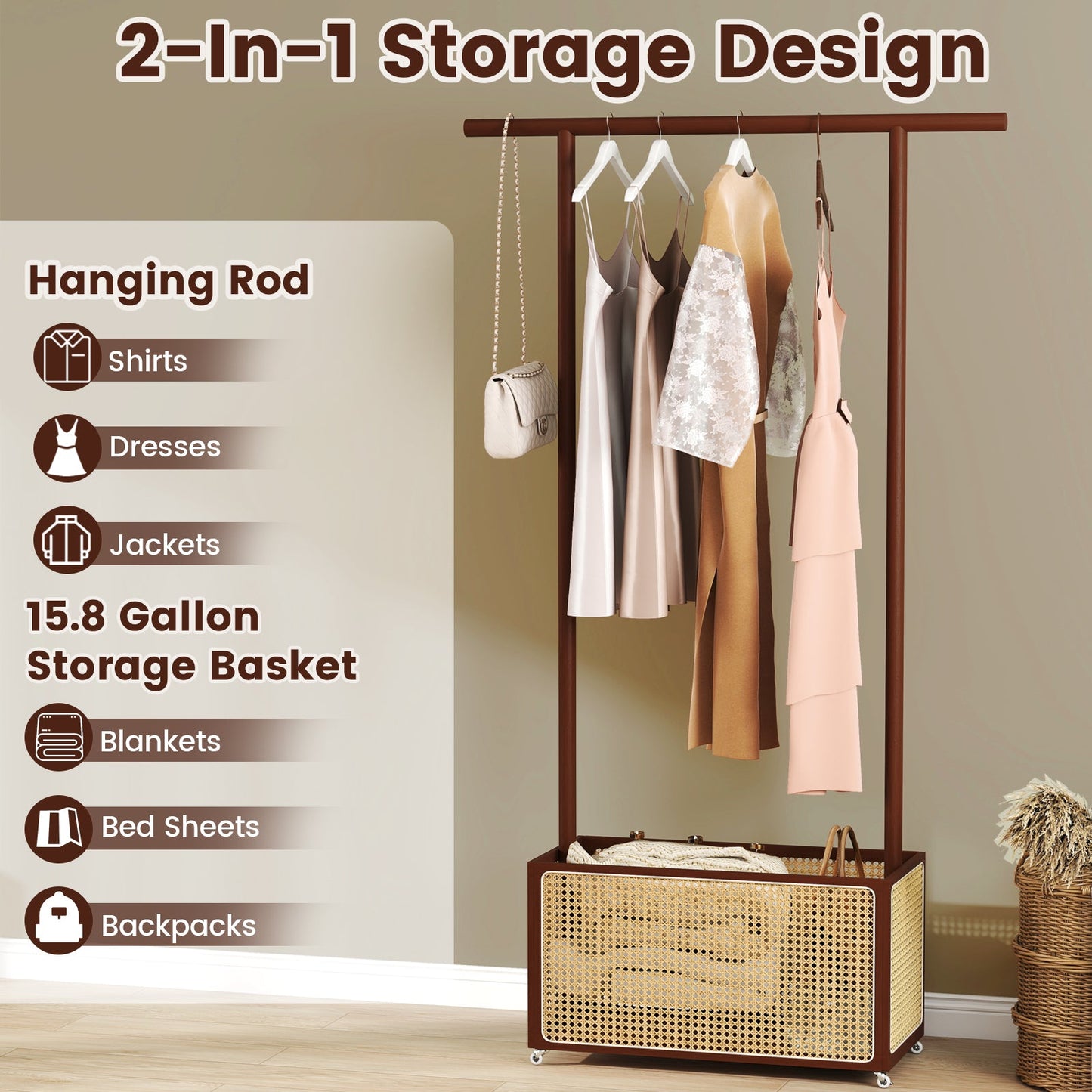 Bamboo Clothes Rack with Rattan Storage Basket and Wheels