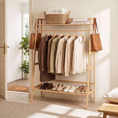 Bamboo garment rack with shelves and hanging rod for coats and shoes in natural wood finish on Tampa Home & Garden Store