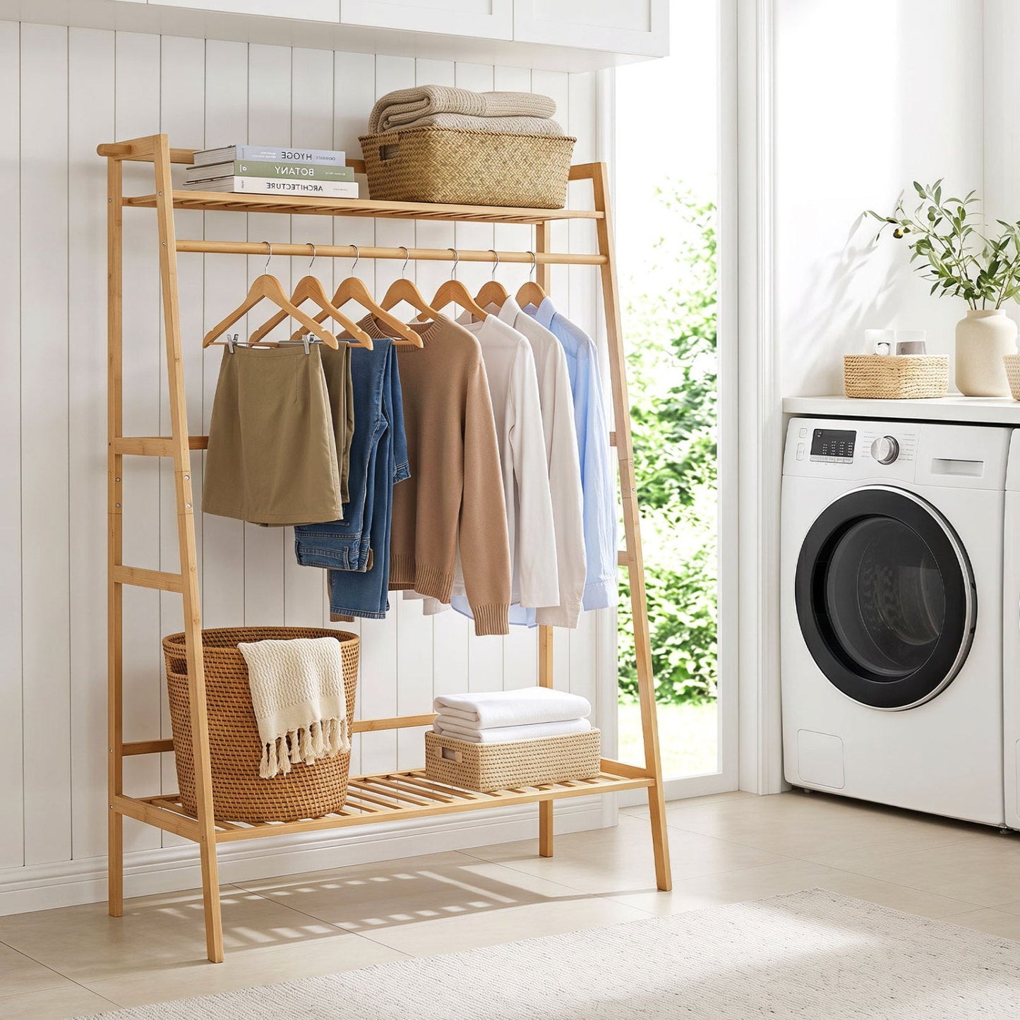DirectDeals bamboo garment rack with shelves and hanging rod, clothes on wooden hangers, baskets on Tampa Home & Garden Store