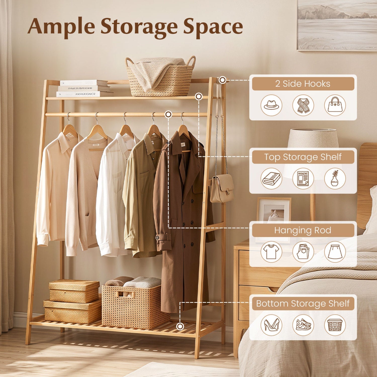 Bamboo coat rack with hanging rod and top shelf in natural finish by DirectDeals on Tampa Home & Garden Store