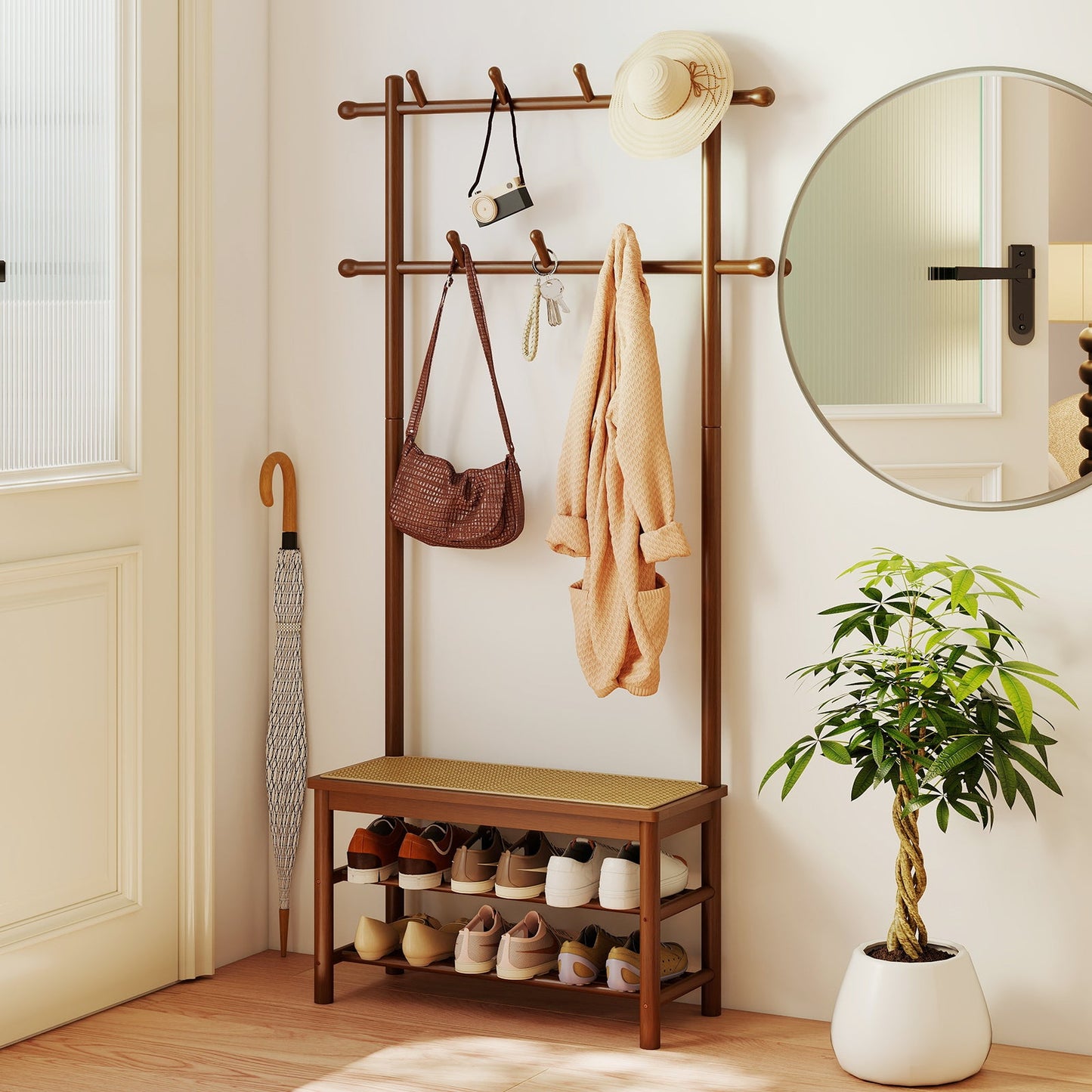 Bamboo Coat Rack PE Rattan Hall Tree with Bench and Shoe Storage 3-In-1 Entryway Bench