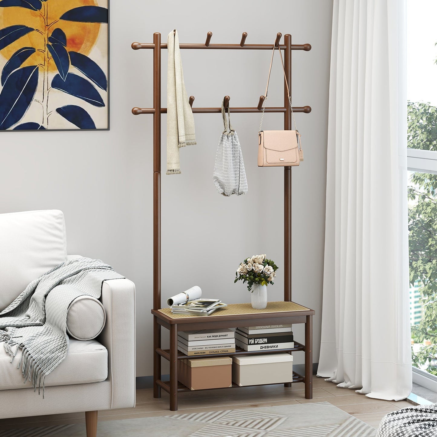Bamboo Coat Rack PE Rattan Hall Tree with Bench and Shoe Storage 3-In-1 Entryway Bench