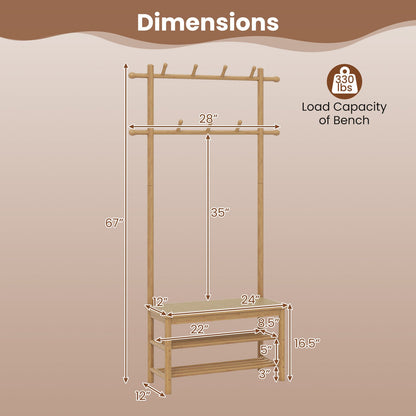 Bamboo Coat Rack PE Rattan Hall Tree with Bench and Shoe Storage 3-In-1 Entryway Bench