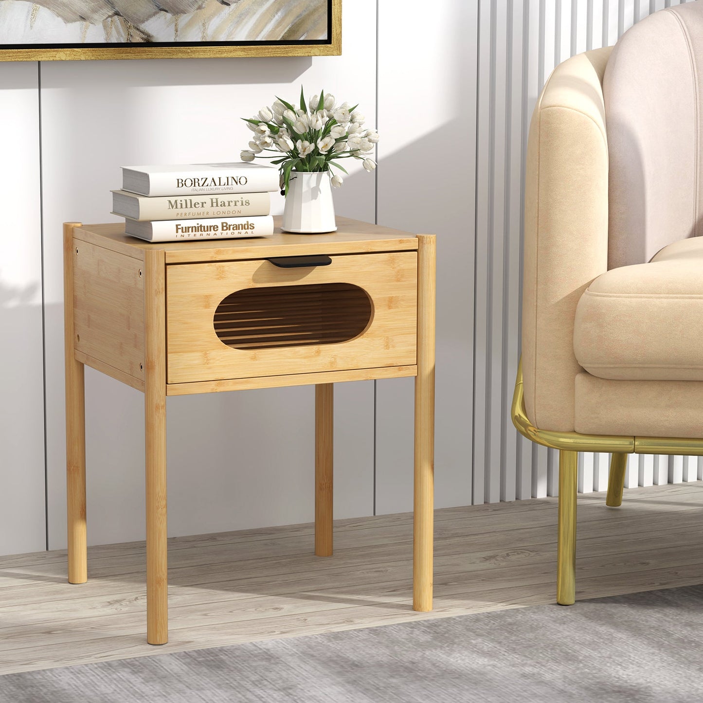 Mesita de noche alta cuadrada de bambú con cajón decorado - Natural