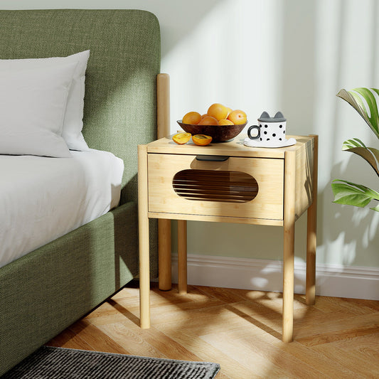 Bamboo Nightstand Square Tall End Table with Decorated Drawer-Natural - Tampa Home & Garden Store