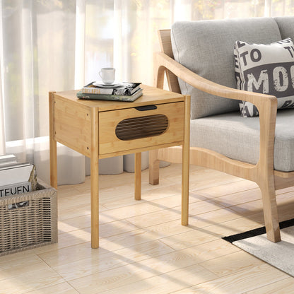 Mesita de noche alta cuadrada de bambú con cajón decorado - Natural