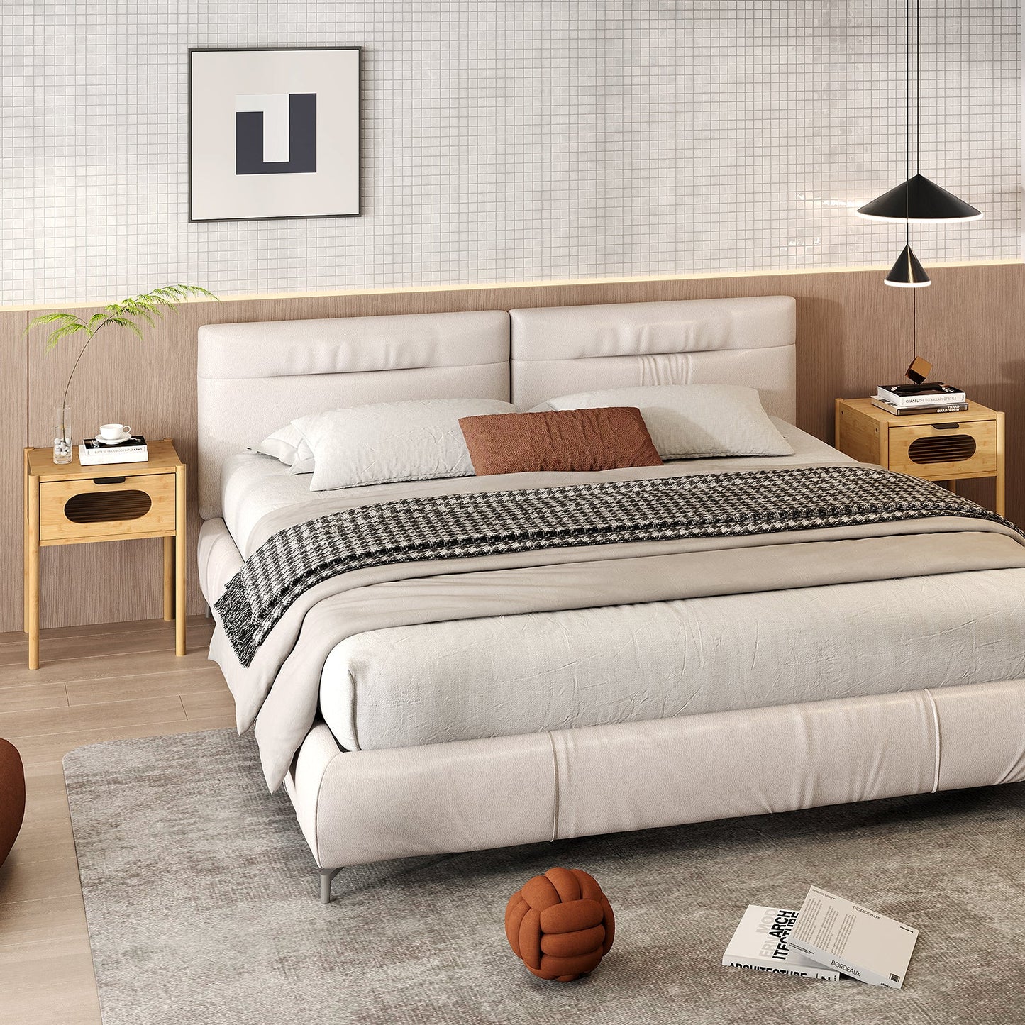 Mesita de noche alta cuadrada de bambú con cajón decorado - Natural