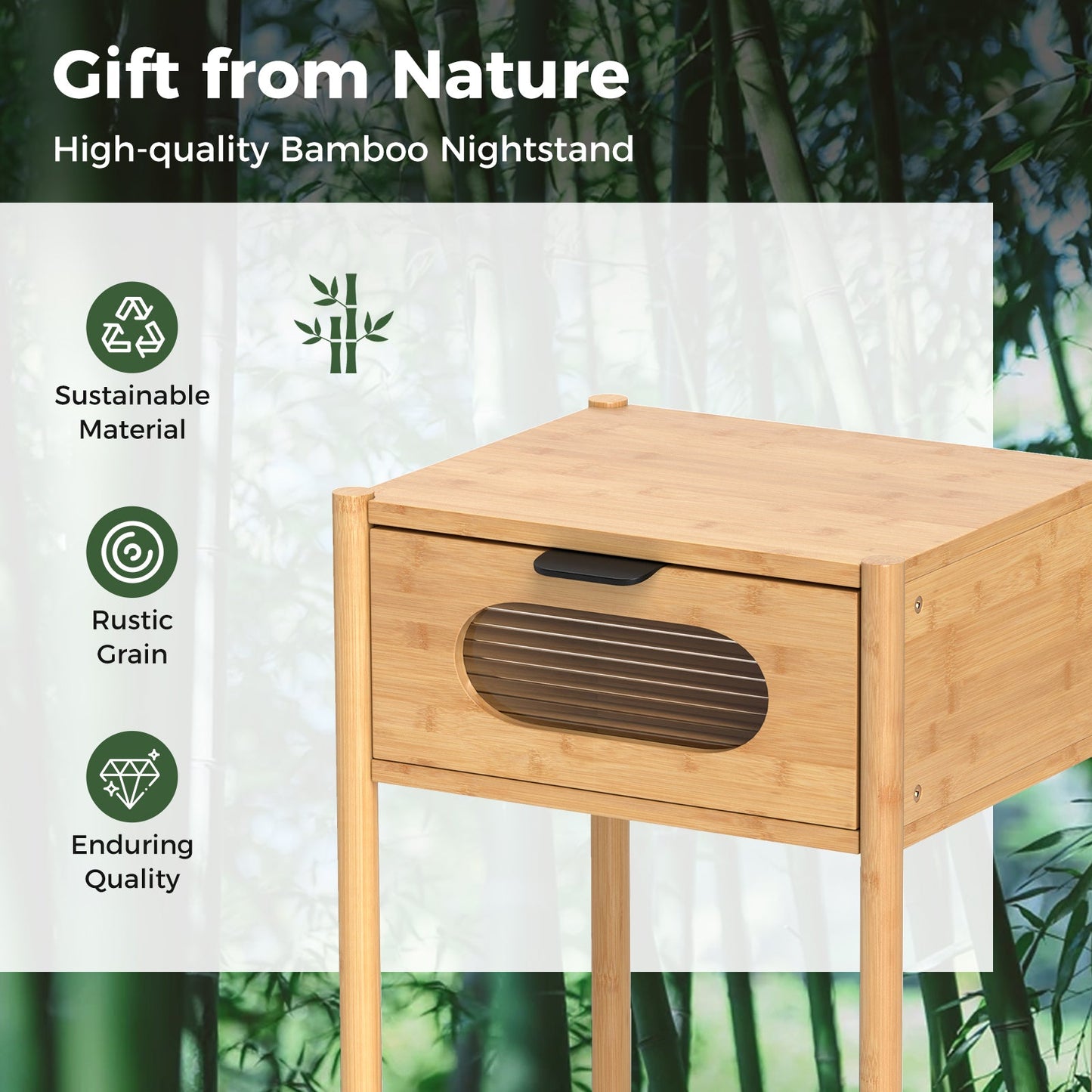 Mesita de noche alta cuadrada de bambú con cajón decorado - Natural