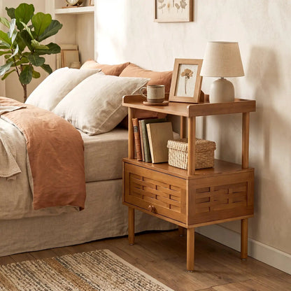 Bamboo Rattan Nightstand Flip up Door Open Shelf