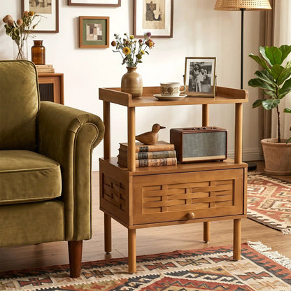 Bamboo Rattan Nightstand Flip up Door Open Shelf