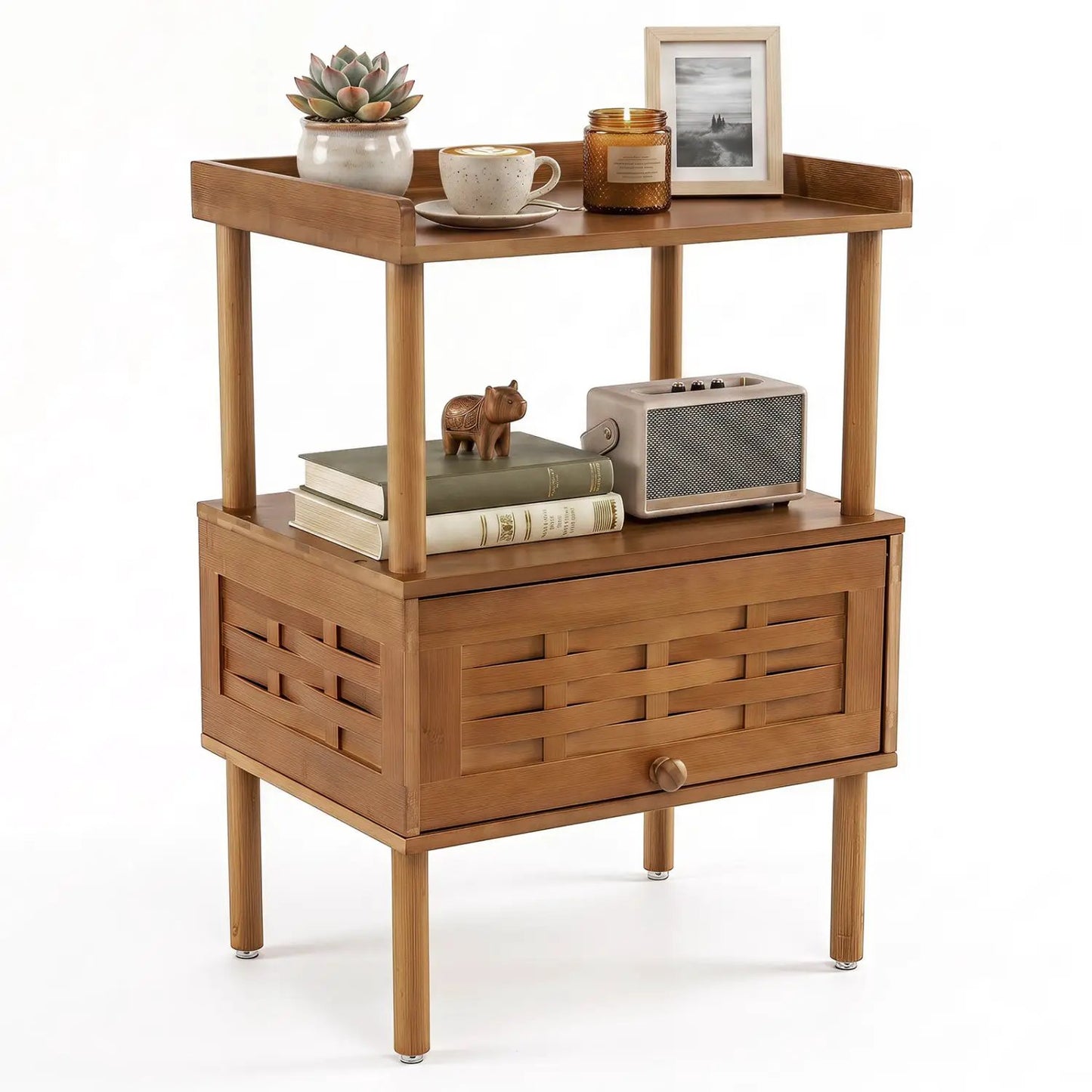 Bamboo Rattan Nightstand Flip up Door Open Shelf