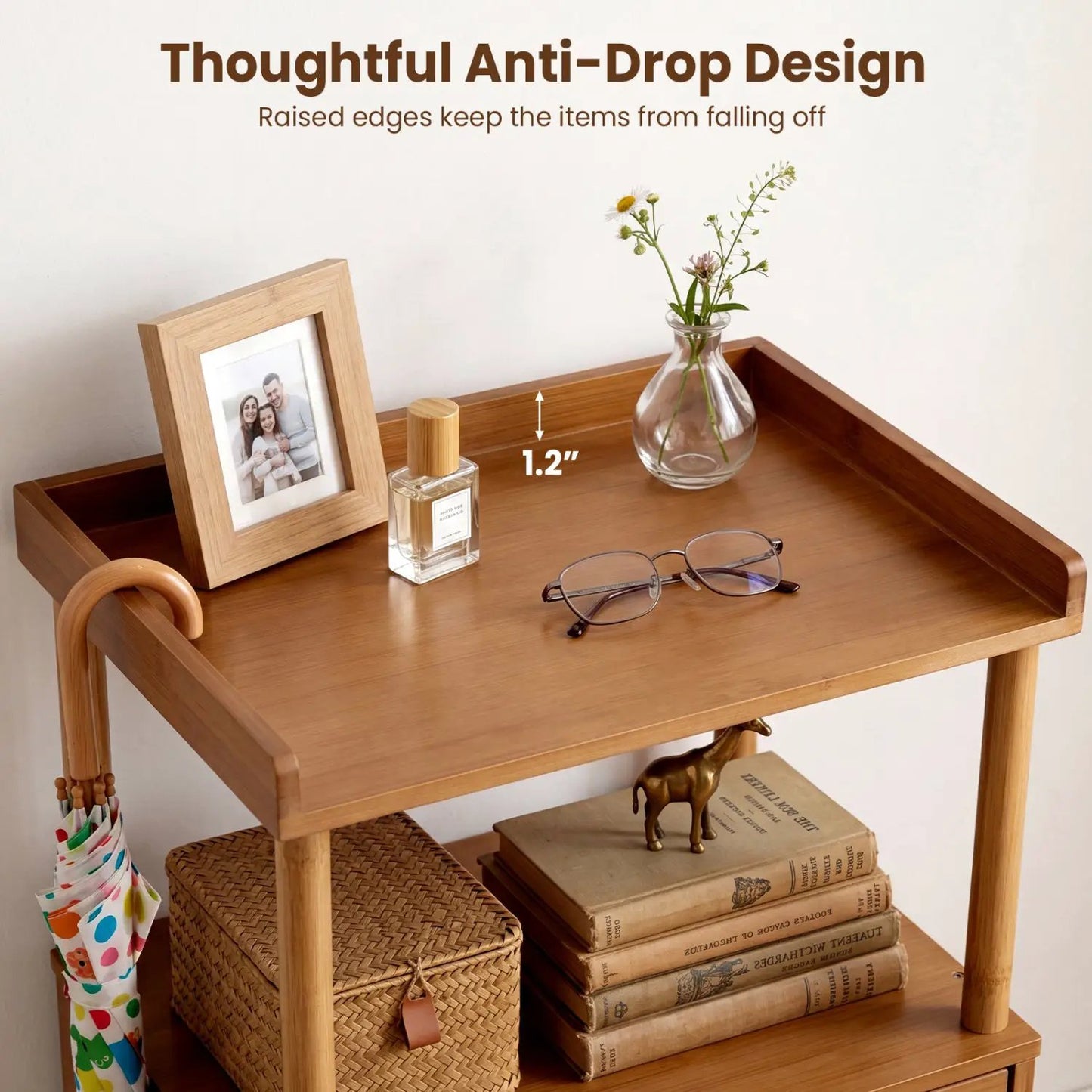 Bamboo Rattan Nightstand Flip up Door Open Shelf