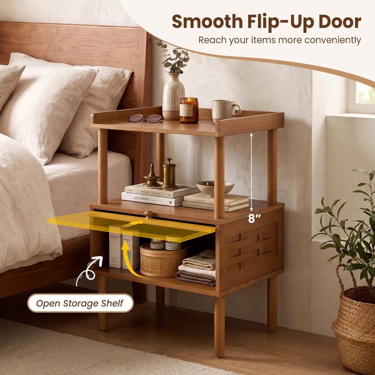Bamboo Rattan Nightstand Flip up Door Open Shelf