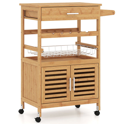 DirectDeals bamboo kitchen island cart with wine rack, two-door cabinet, and casters on Tampa Home & Garden Store