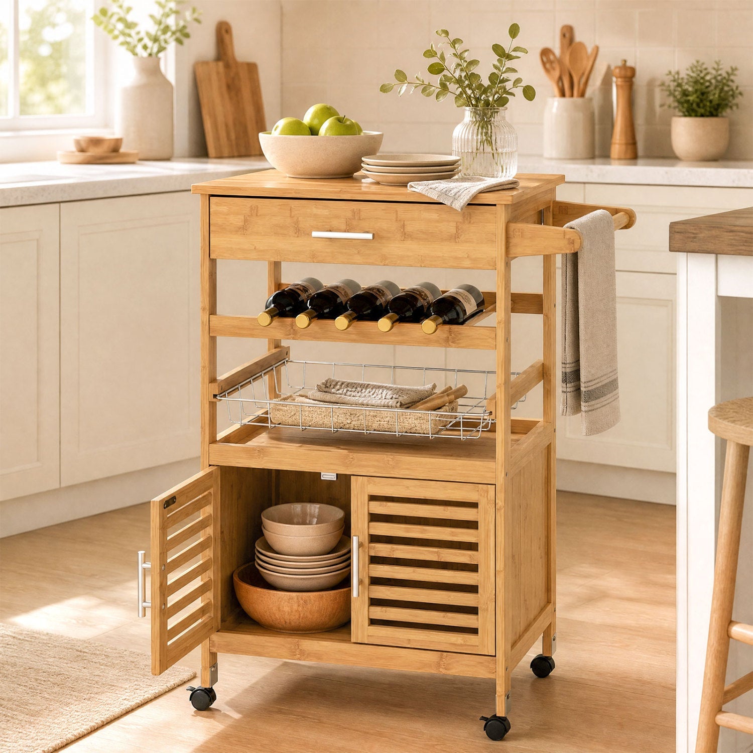 Rolling kitchen island cart with wine rack and storage in natural wood by DirectDeals on Tampa Home & Garden Store