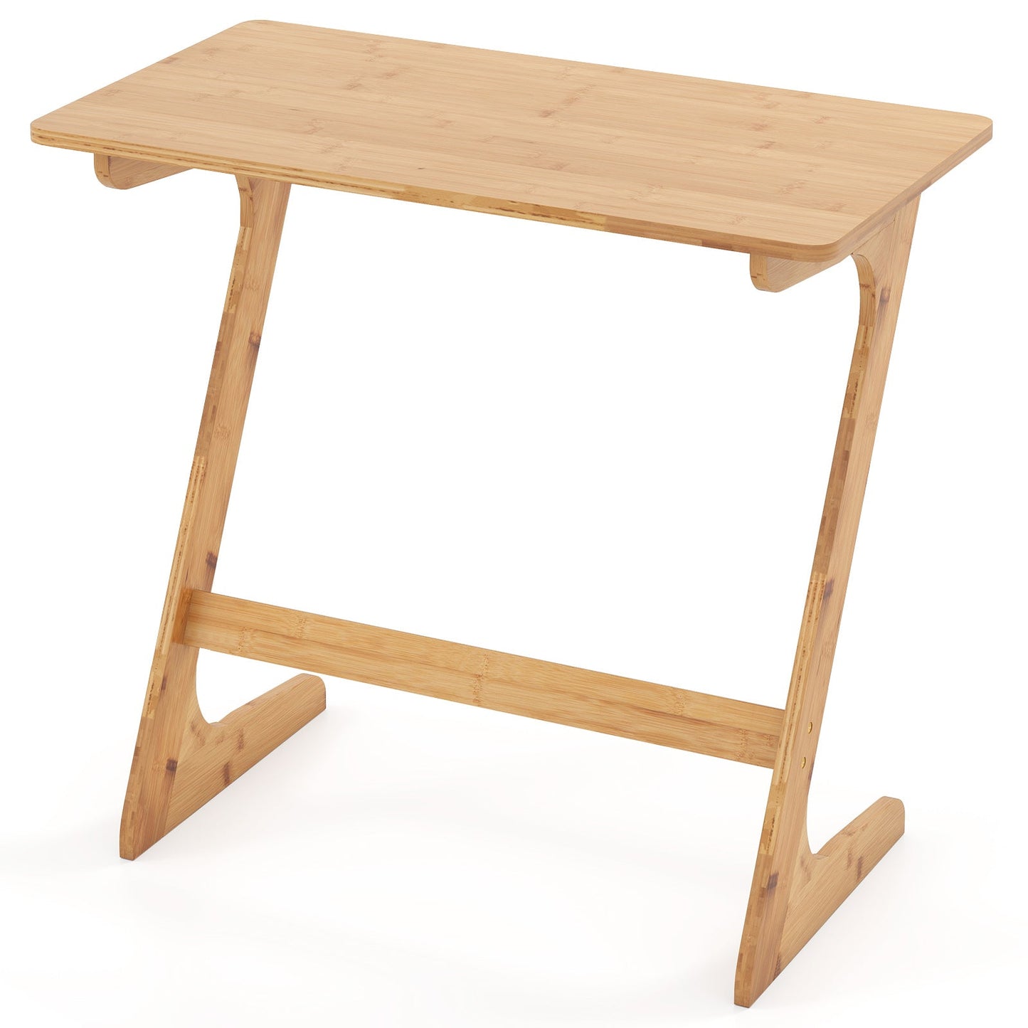 Mesa auxiliar para sofá en forma de Z de bambú, espaciosa, con tablero que ahorra espacio, color marrón.
