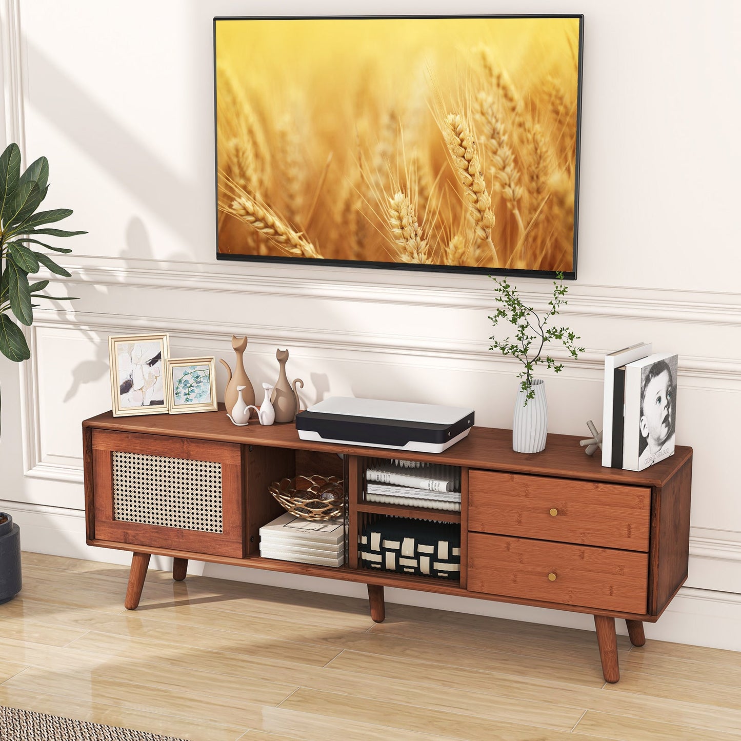 Mueble de TV de bambú para televisores de hasta 65 pulgadas - Marrón