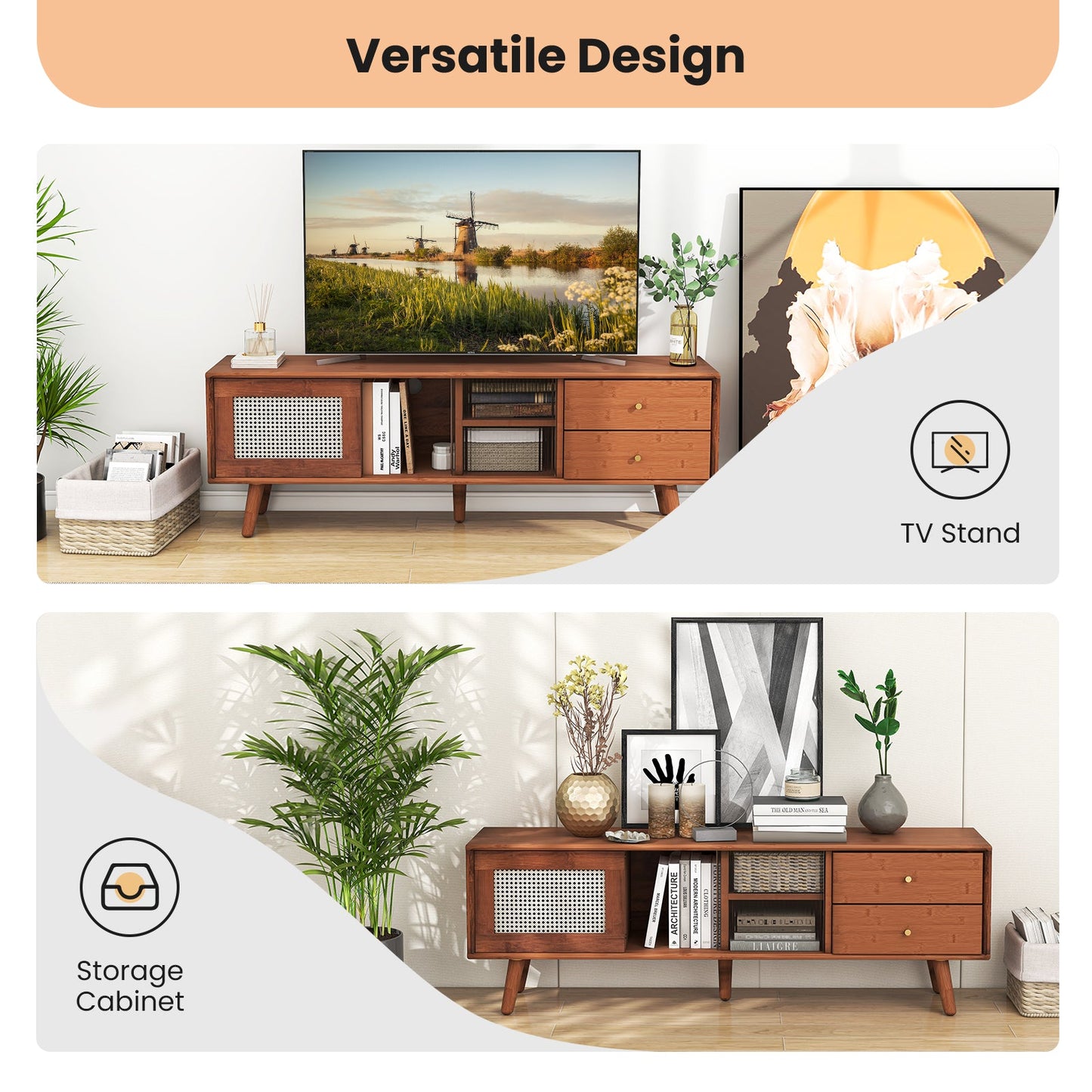 Mueble de TV de bambú para televisores de hasta 65 pulgadas - Marrón