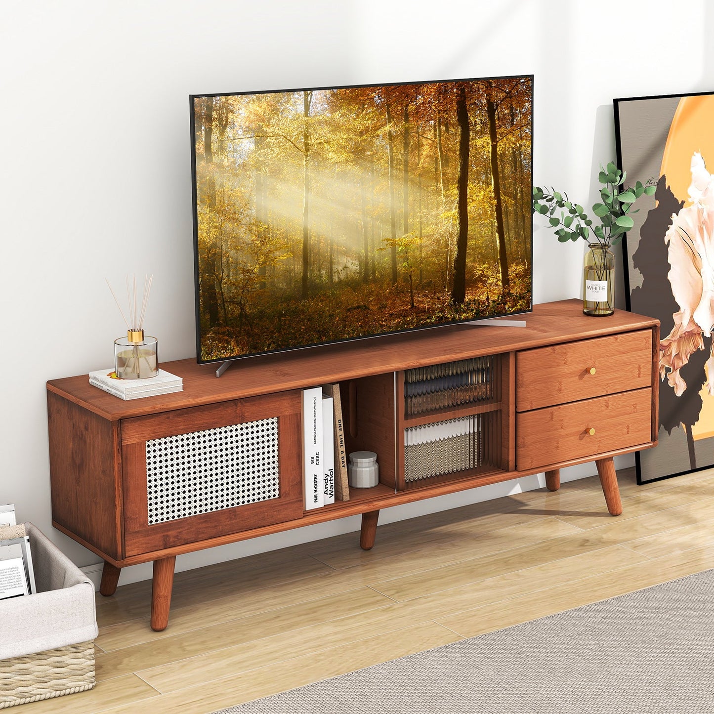 Mueble de TV de bambú para televisores de hasta 65 pulgadas - Marrón