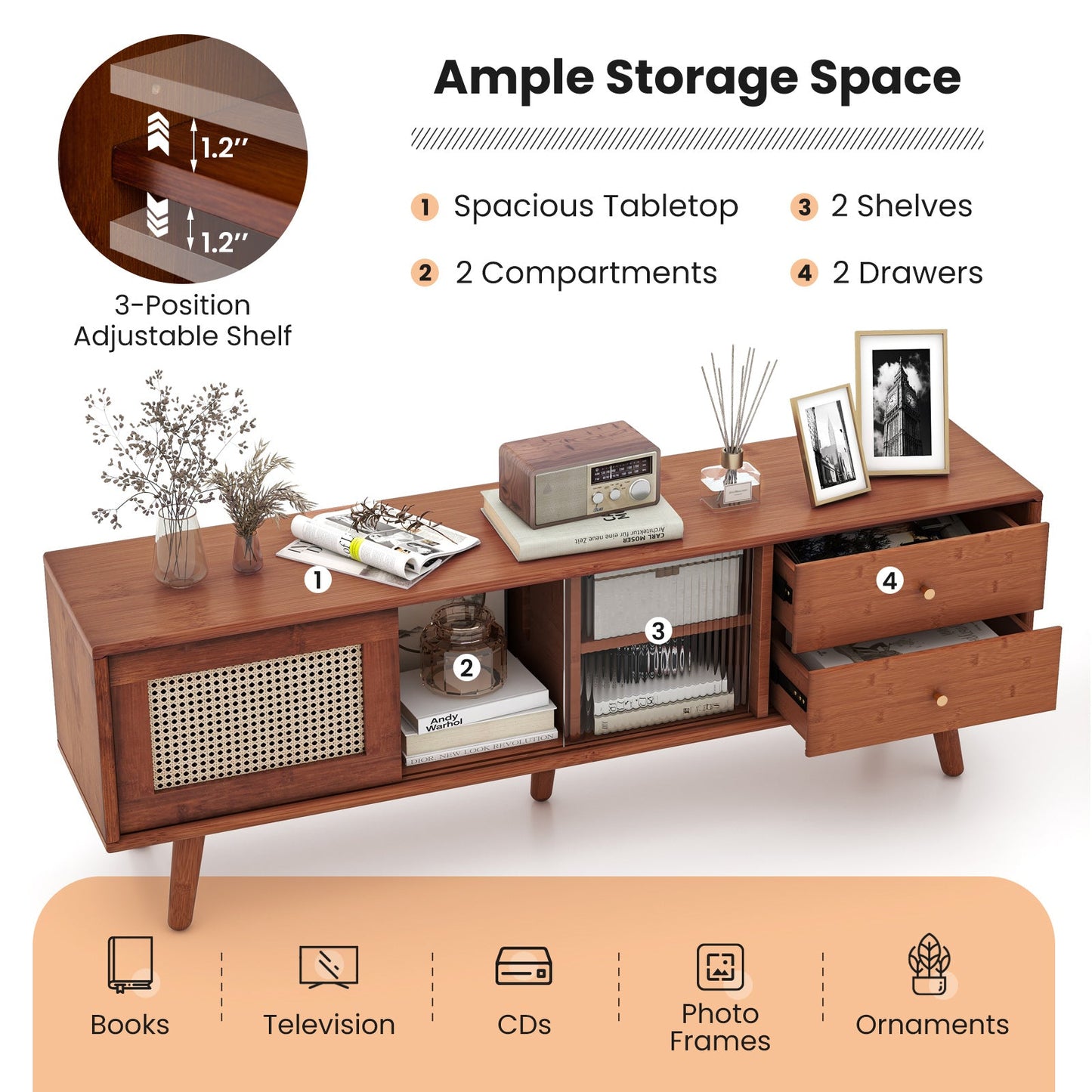 Mueble de TV de bambú para televisores de hasta 65 pulgadas - Marrón