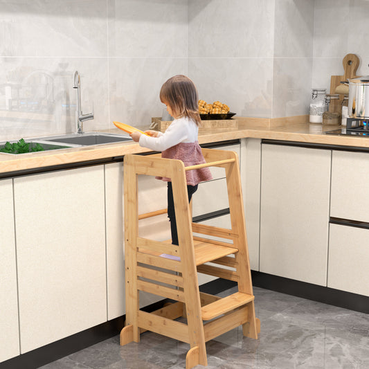 Bamboo Kids Kitchen Step Stool with Adjustable Height and Safety Rails-Natural - Tampa Home & Garden Store