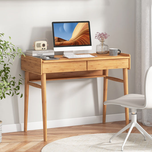 Bamboo Writing Desk with 2 Storage Drawers and Open Shelf-Natural - Tampa Home & Garden Store