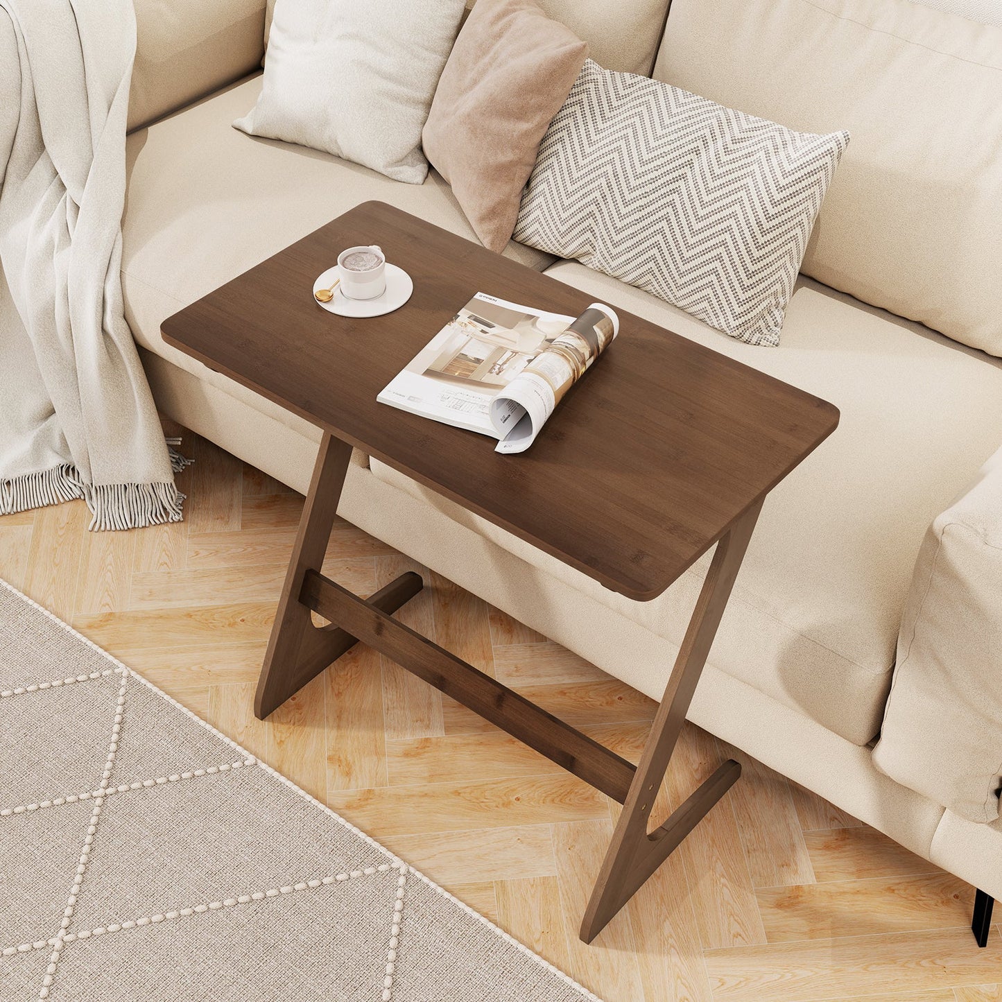 Mesa auxiliar para sofá en forma de Z de bambú, espaciosa, con tablero que ahorra espacio, color marrón.