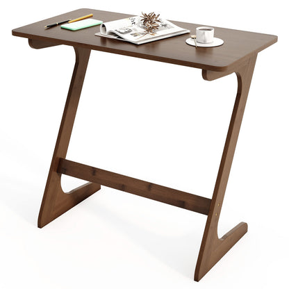 Mesa auxiliar para sofá en forma de Z de bambú, espaciosa, con tablero que ahorra espacio, color marrón.