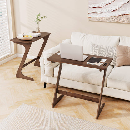 Mesa auxiliar para sofá en forma de Z de bambú, espaciosa, con tablero que ahorra espacio, color marrón.