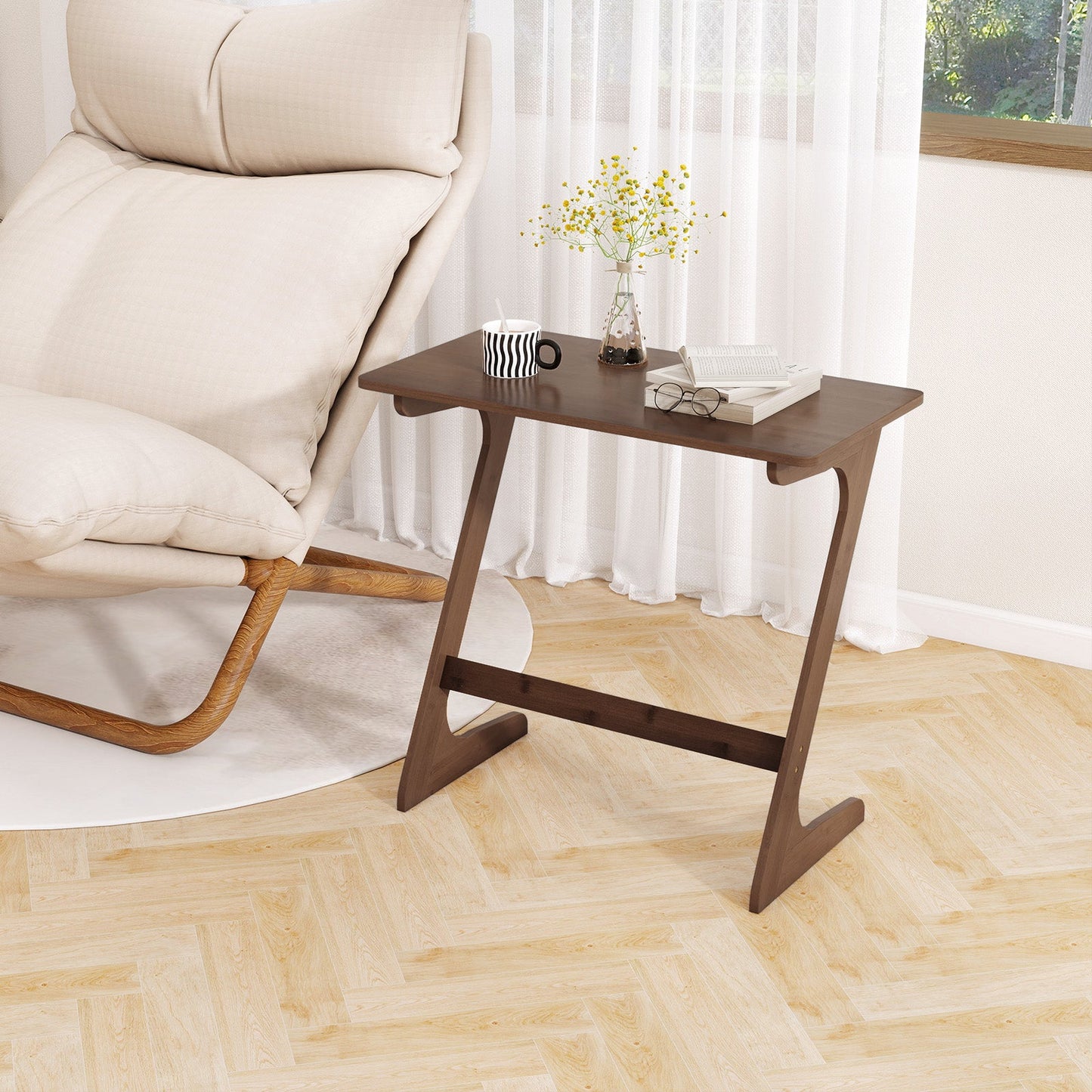 Mesa auxiliar para sofá en forma de Z de bambú, espaciosa, con tablero que ahorra espacio, color marrón.