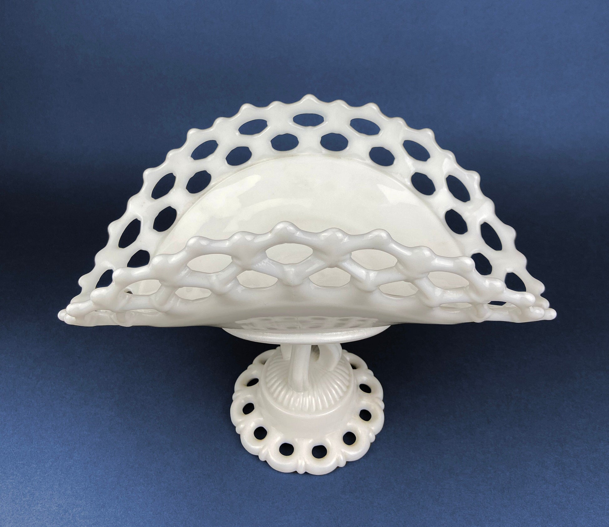 Banana Bowl. Westmoreland Vintage Milk Glass Pedestal Bowl. Reticulated Edge and Doric Stand. Table Centerpiece. - Tampa Home & Garden Store