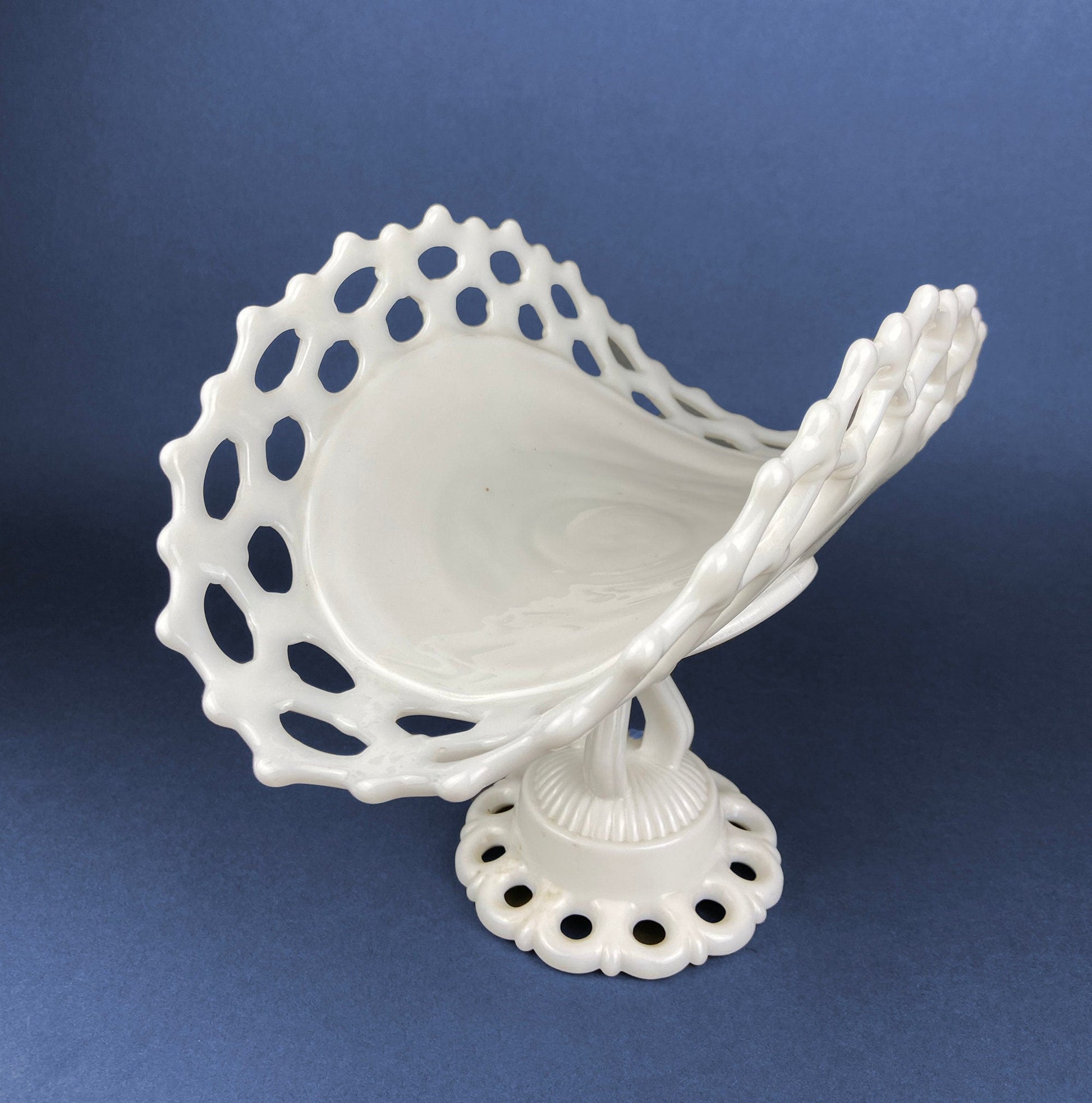 Banana Bowl. Westmoreland Vintage Milk Glass Pedestal Bowl. Reticulated Edge and Doric Stand. Table Centerpiece. - Tampa Home & Garden Store