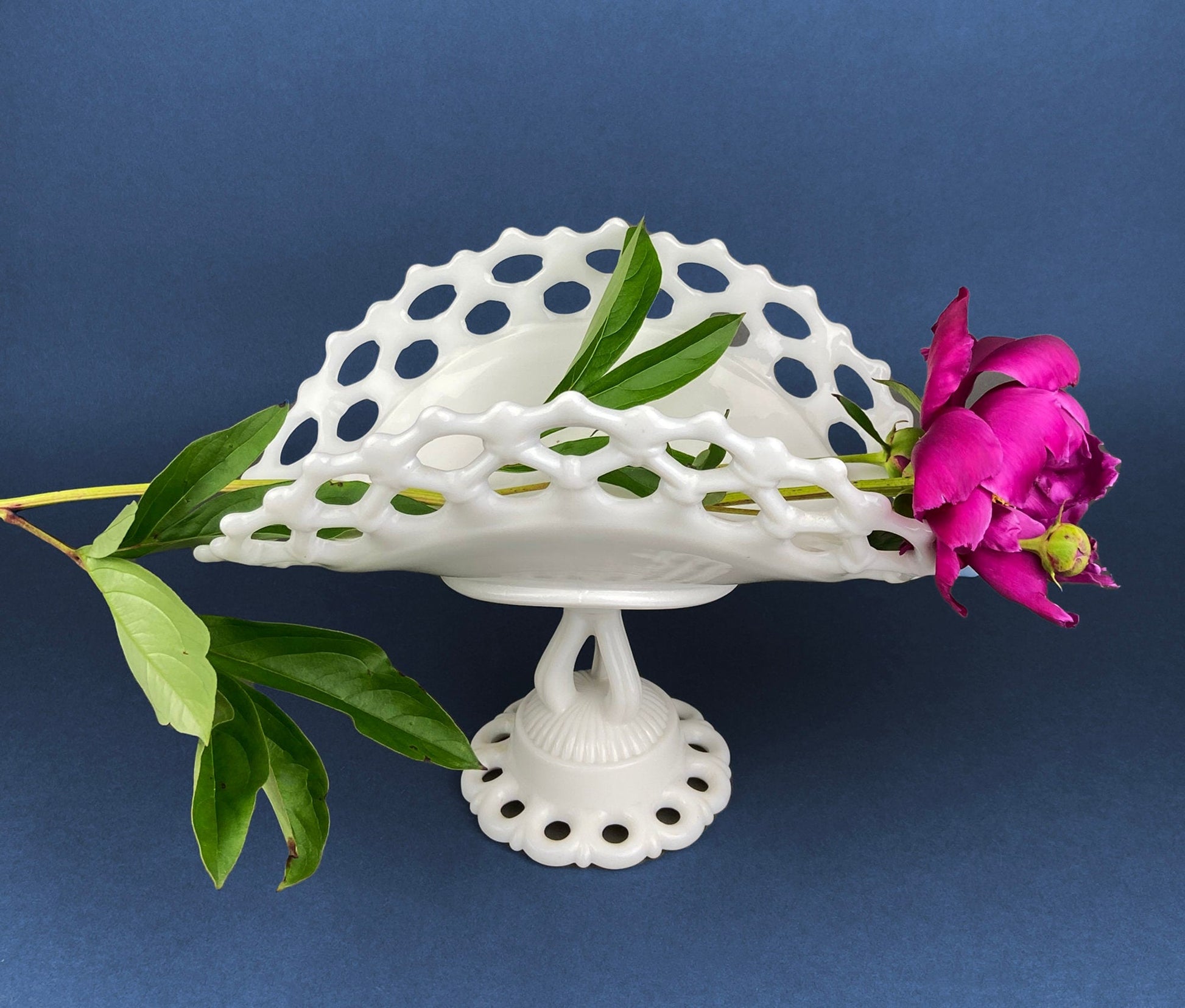 Banana Bowl. Westmoreland Vintage Milk Glass Pedestal Bowl. Reticulated Edge and Doric Stand. Table Centerpiece. - Tampa Home & Garden Store