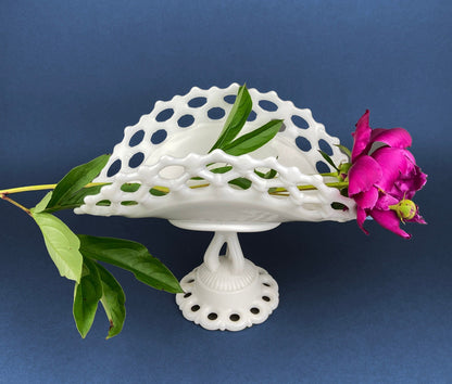 Banana Bowl. Westmoreland Vintage Milk Glass Pedestal Bowl. Reticulated Edge and Doric Stand. Table Centerpiece. - Tampa Home & Garden Store