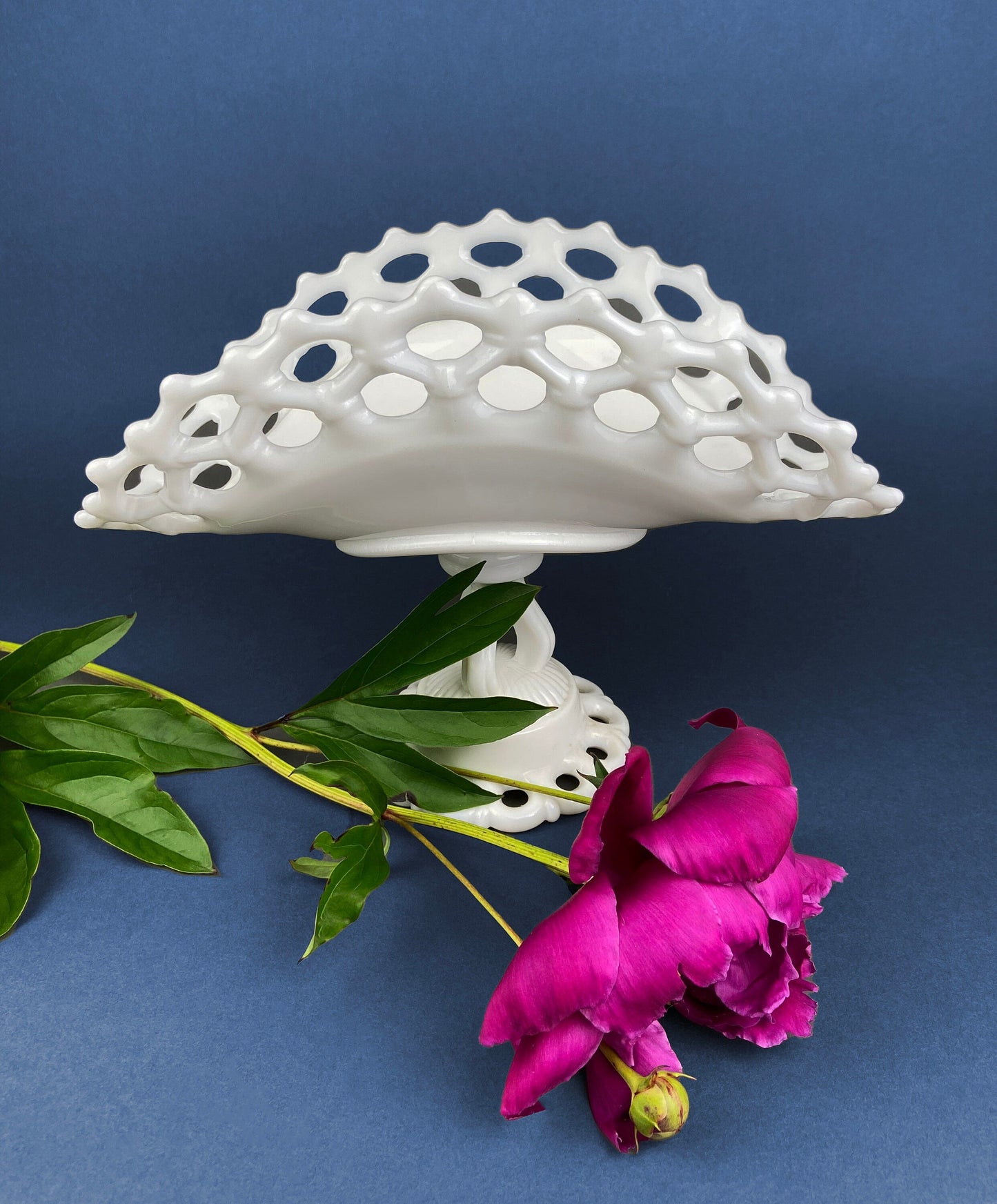 Banana Bowl. Westmoreland Vintage Milk Glass Pedestal Bowl. Reticulated Edge and Doric Stand. Table Centerpiece. - Tampa Home & Garden Store