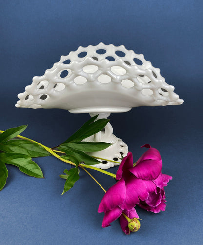 Banana Bowl. Westmoreland Vintage Milk Glass Pedestal Bowl. Reticulated Edge and Doric Stand. Table Centerpiece. - Tampa Home & Garden Store