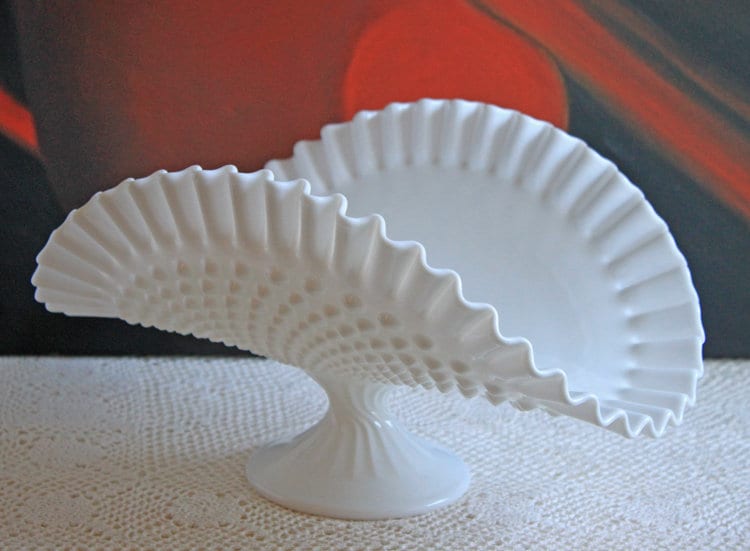 Banana Bowl. Westmoreland Vintage Milk Glass Pedestal Bowl. Reticulated Edge and Doric Stand. Table Centerpiece. - Tampa Home & Garden Store
