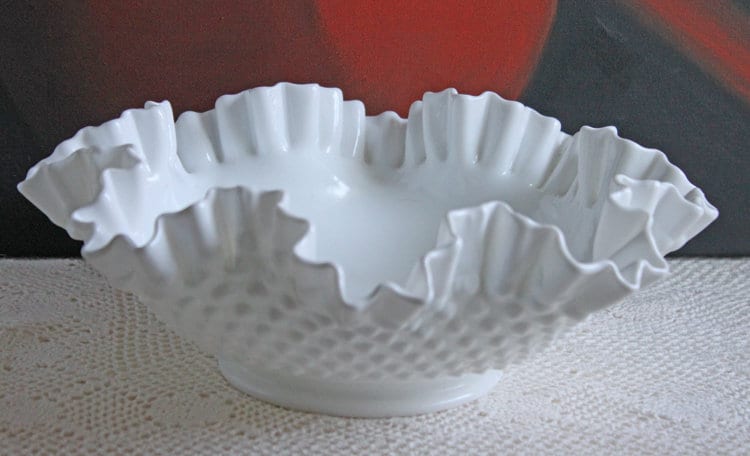 Banana Bowl. Westmoreland Vintage Milk Glass Pedestal Bowl. Reticulated Edge and Doric Stand. Table Centerpiece. - Tampa Home & Garden Store