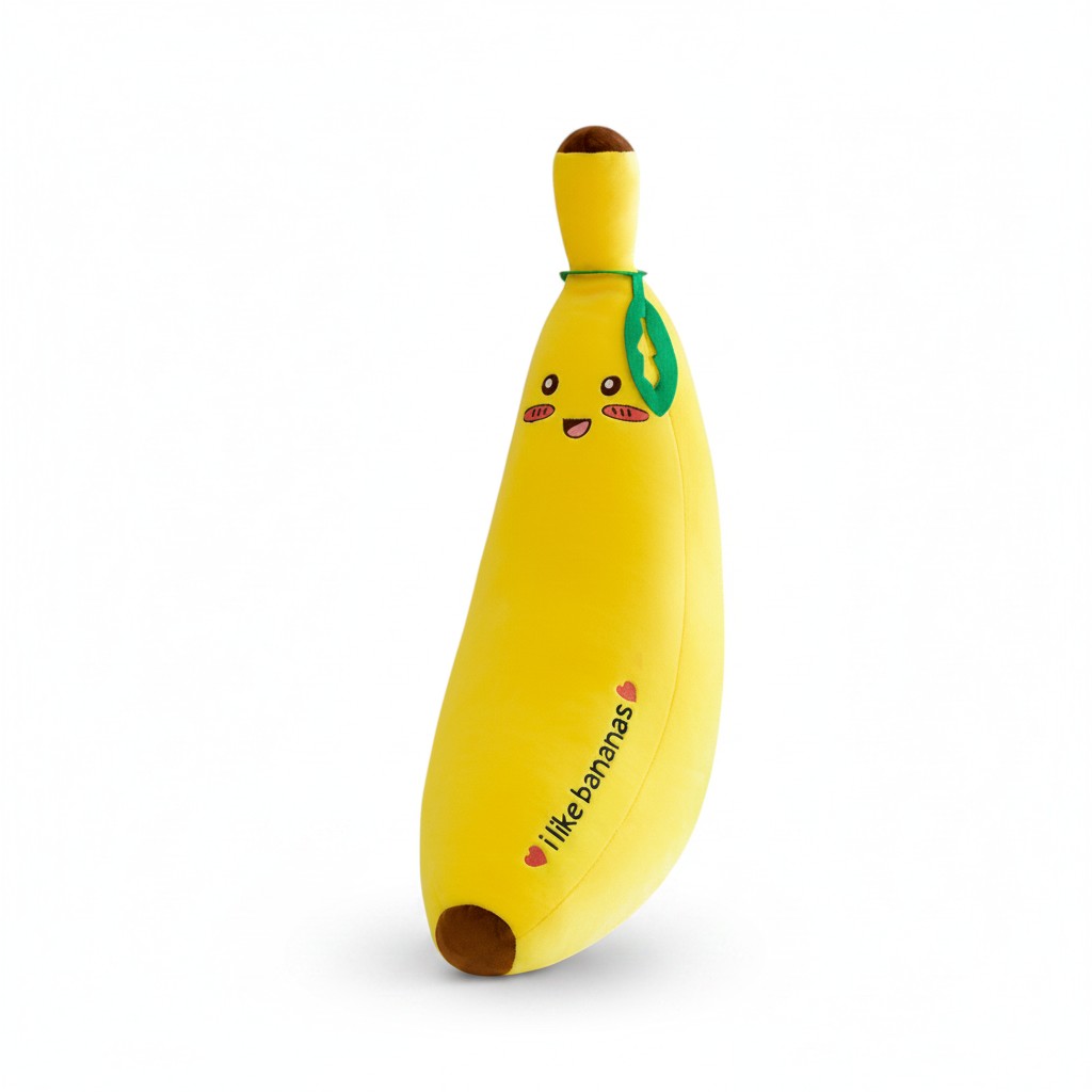 Banana plush stuffed animal Shaketea yellow kawaii banana with green leaf tag on Tampa Home & Garden Store