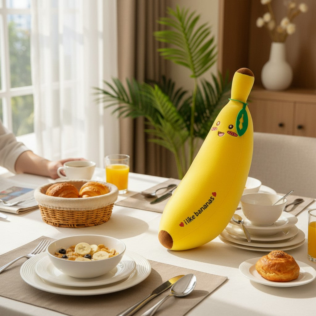 Banana plush stuffed animal by Shaketea, yellow kawaii gift with a smile on a dining table on Tampa Home & Garden Store