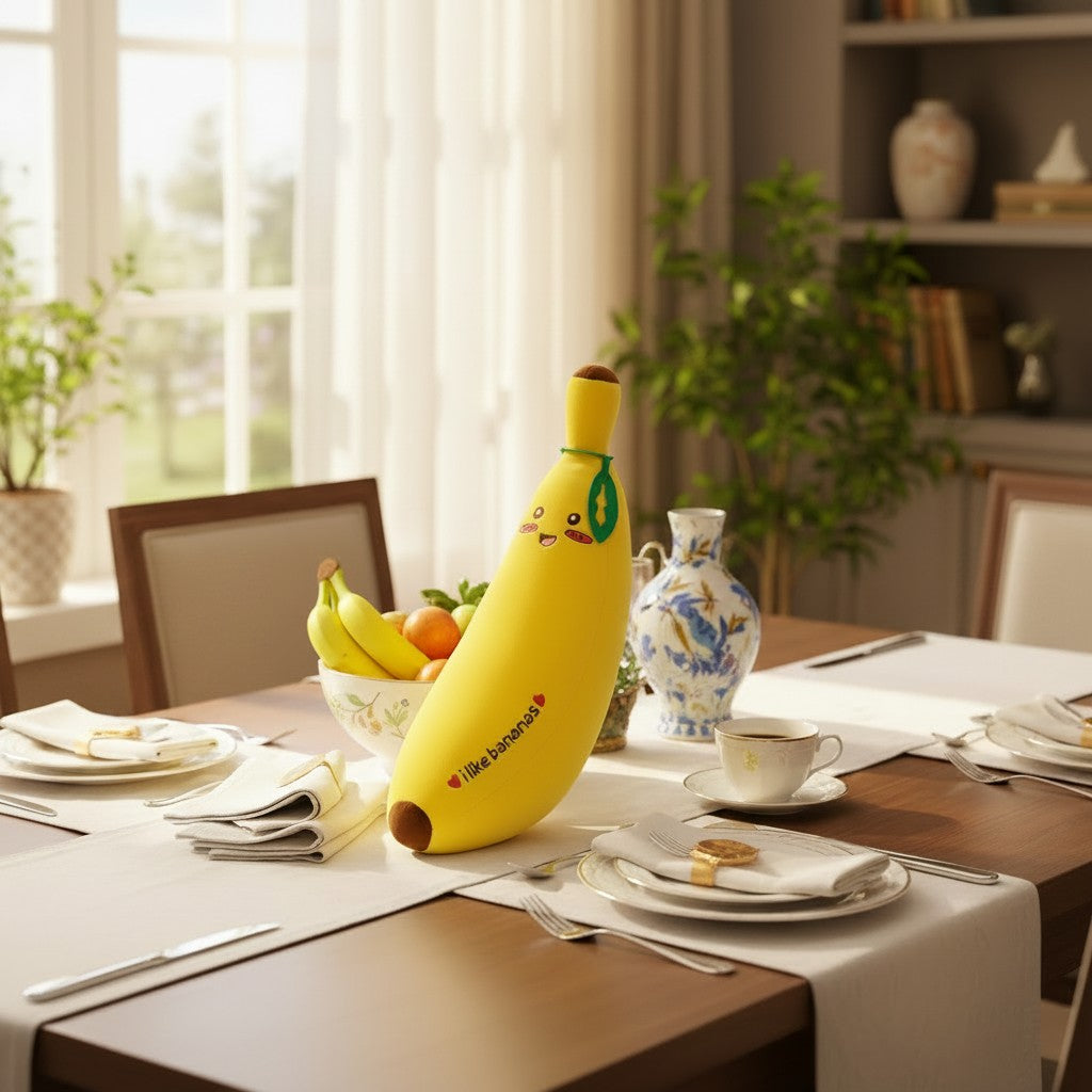 Smiley Banana Plush stuffed animal by Shaketea, yellow banana with ribbon on table on Tampa Home & Garden Store