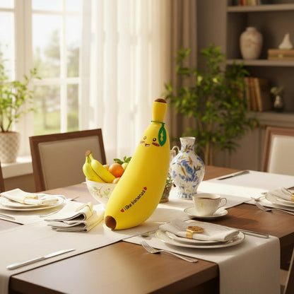 Smiley Banana Plush stuffed animal by Shaketea, yellow banana with ribbon on table on Tampa Home & Garden Store