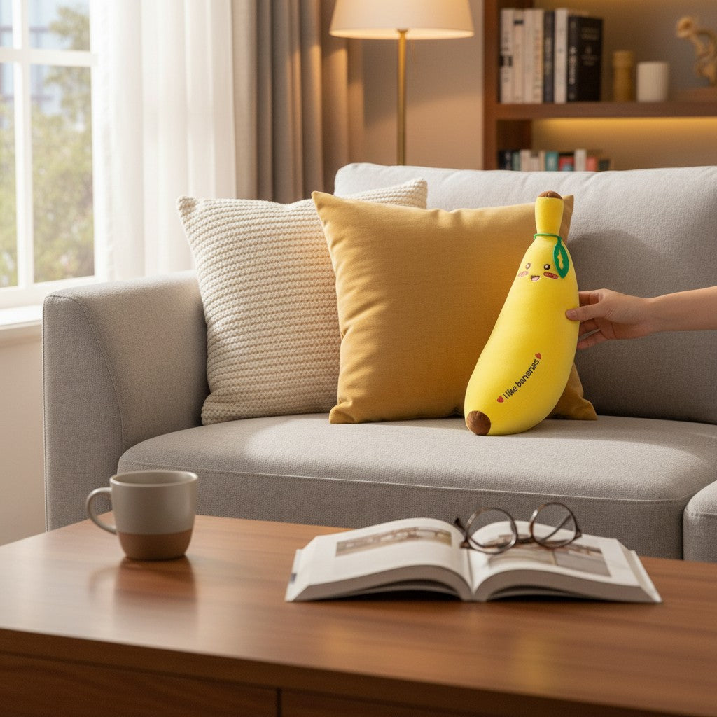 Banana plush stuffed animal by Shaketea on a light gray sofa with mustard yellow cushions on Tampa Home & Garden Store