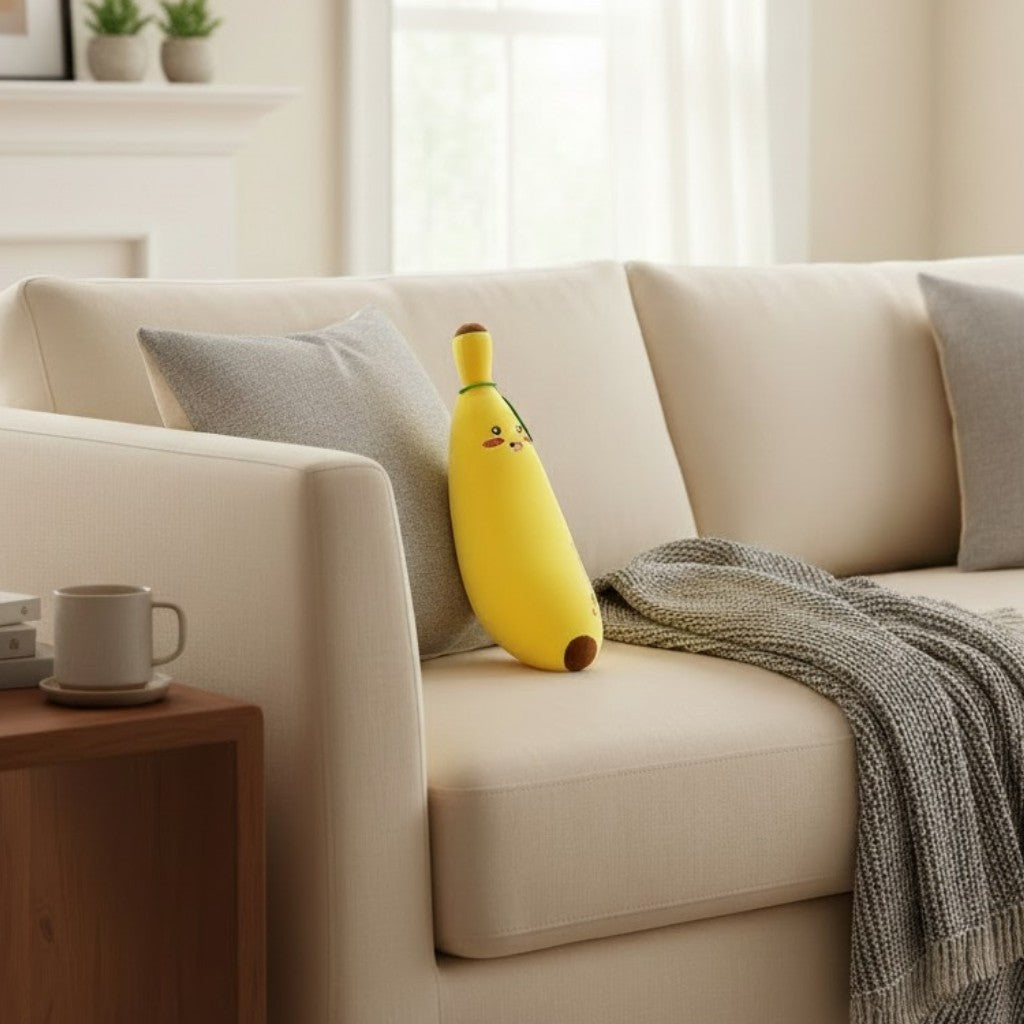 Smiley Banana Stuffed Animal, yellow kawaii banana plush on beige sofa on Tampa Home & Garden Store