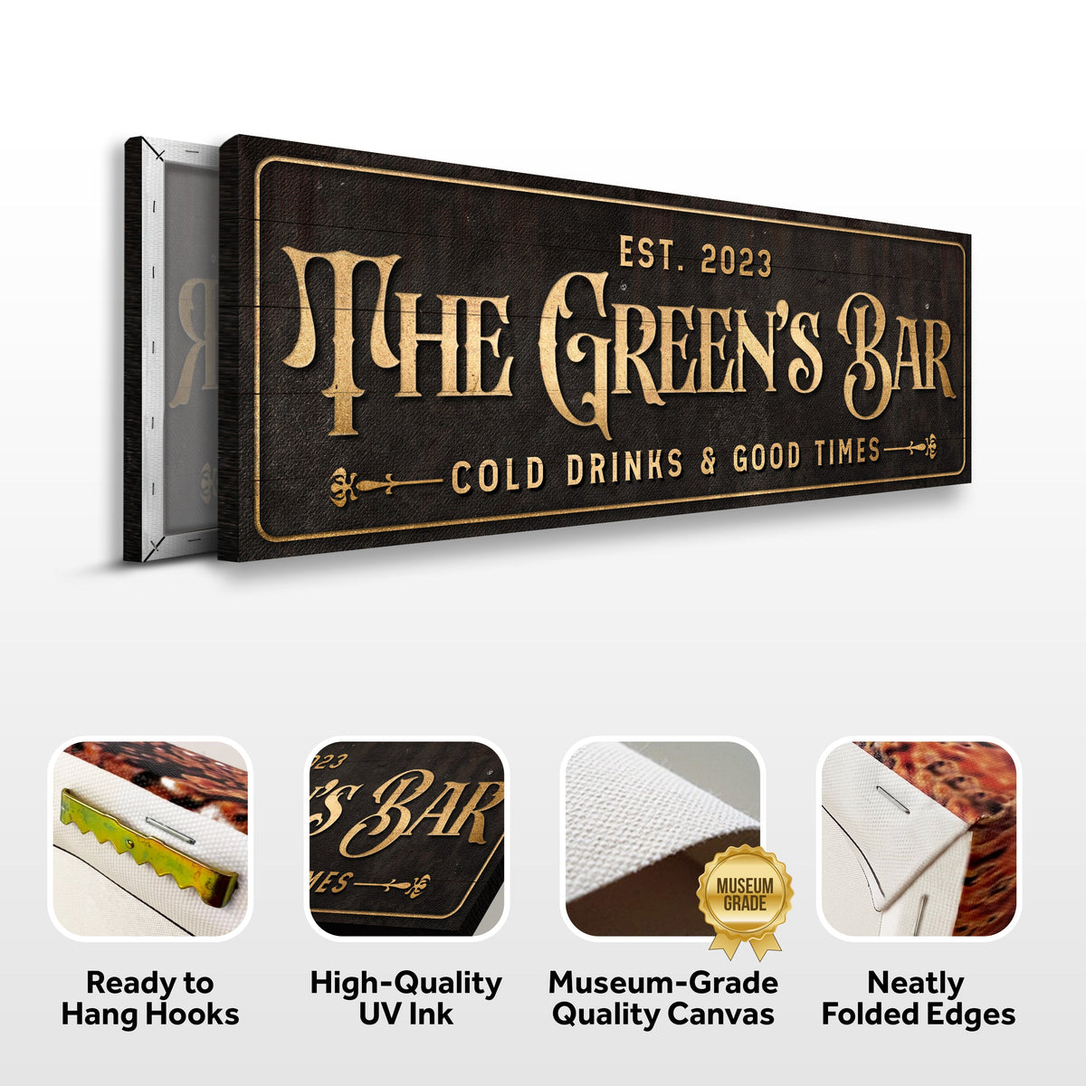 Custom Bar Sign III canvas by Tailored Canvases with wood texture and gold letters on Tampa Home & Garden Store