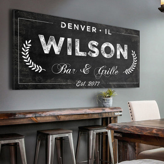 Bar and Grill Sign IV canvas by Tailored Canvases with chalkboard finish and white lettering on Tampa Home & Garden Store