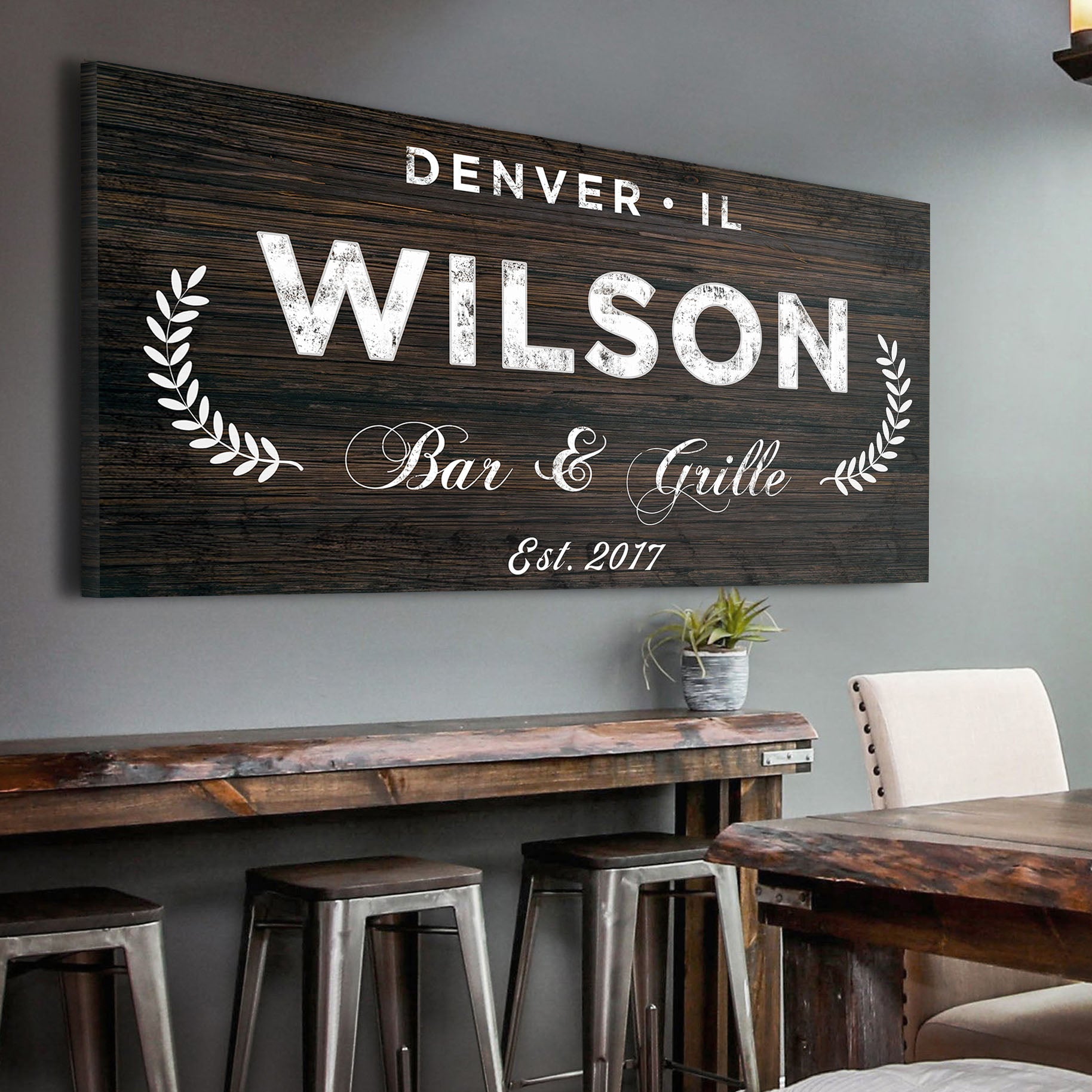 Bar & Grill Sign IV canvas by Tailored Canvases, rustic wood with distressed white lettering on Tampa Home & Garden Store