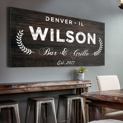 Bar & Grill Sign IV canvas by Tailored Canvases, rustic wood with distressed white lettering on Tampa Home & Garden Store